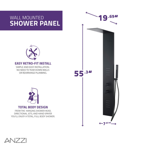 Collines Series 55 in. 2-Jetted Shower Tower with Heavy Rain Shower and Jets and Spray Wand in Matte Black