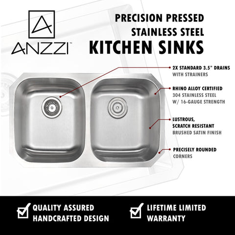 ANZZI MOORE Undermount 32 in. Double Bowl Kitchen Sink with Singer Faucet in Brushed Nickel