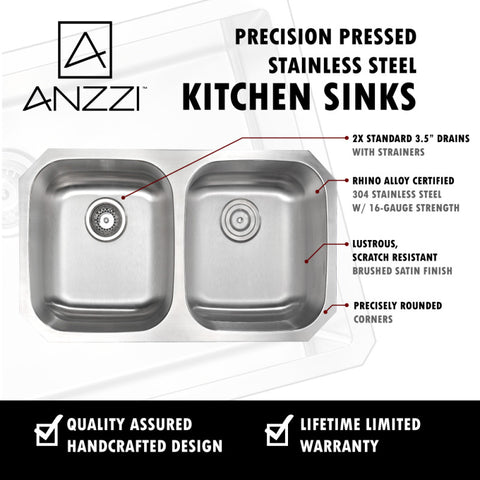ANZZI MOORE Undermount 32 in. Double Bowl Kitchen Sink with Sails Faucet