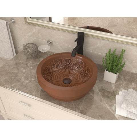 Admiral 17 in. Handmade Vessel Sink in Polished Antique Copper with Floral Design Interior