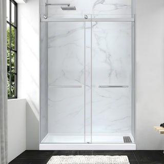 Kahn Series 60 in. x 32 in. Alcove Shower Base and Frameless Sliding Shower Door Combo with Tsunami Guard