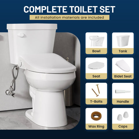 Rev 12 inch 2-pieces 1.28 GPF Siphon Round Ceramic Toilet in White Electric Bidet Seat with Auto Lid ADA Included
