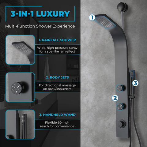 Cici Series 39 in. 2-Jetted Shower Tower with Heavy Rain Showerhead and Spray Wand, Shower System in Matte Black