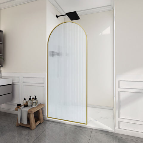 Ember Series 78 in. x 34 in. Framed Arch Fixed Shower Screen Door in Brushed Gold with 8mm Tempered Fluted Glass