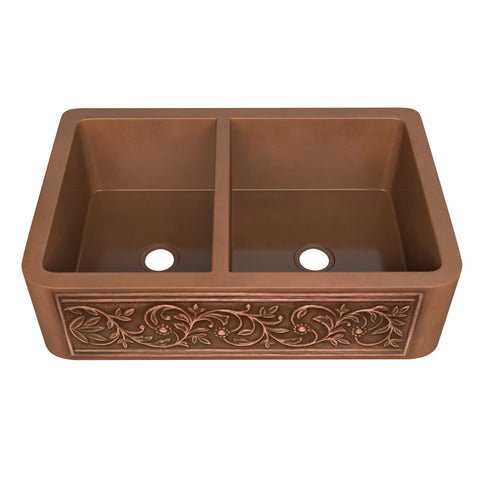 ANZZI Moesia Farmhouse Handmade Copper 33 in. 60/40 Double Bowl Kitchen Sink with Floral Design in Polished Antique Copper