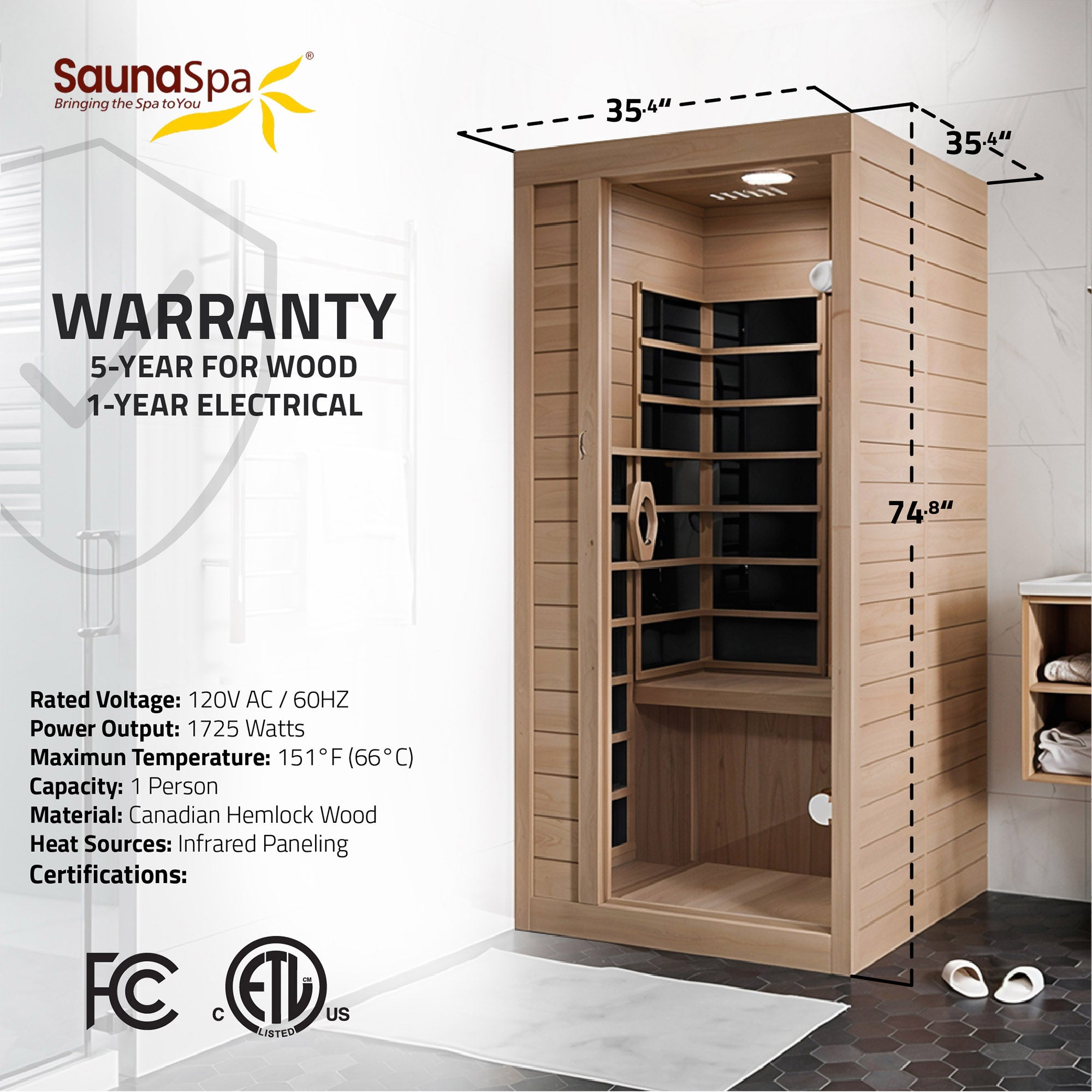 SC-SS0013-GS - SaunaSpa Lucia 1- Person Indoor Hemlock Wooden
