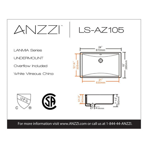 ANZZI Lanmia Series 24 in. Ceramic Undermount Sink Basin in White