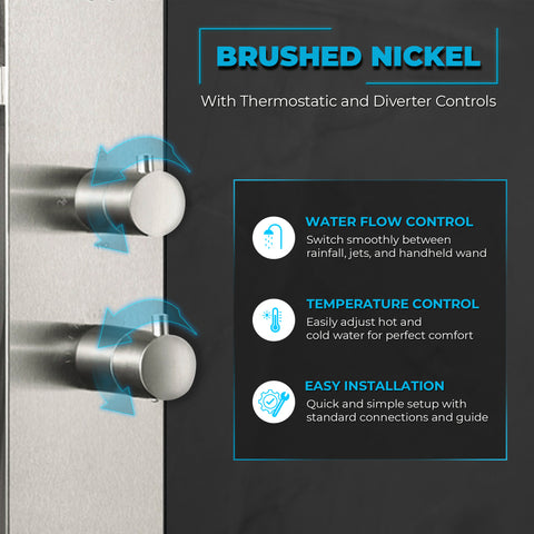 Collines Series 55 in. 2-Jetted Shower Tower in Brushed Nickel with Heavy Rain Shower, Spray Wand, and DIY Friendly