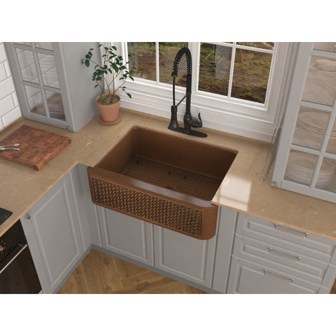 SK-016 - ANZZI Edessa Farmhouse Handmade Copper 30 in. 0-Hole Single Bowl Kitchen Sink with Weave Design Panel in Polished Antique Copper