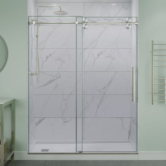 ANZZI 60" x 76" Frameless Sliding Shower Door, 3/8" TSUNAMI GUARD Glass, Exposed Rollers and RHINO ALLOY Hardware, Brushed Nickel