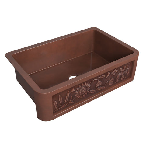 ANZZI Anatolian Farmhouse Handmade Copper 33 in. 0-Hole Single Bowl Kitchen Sink with Sunflower Design Panel in Polished Antique Copper