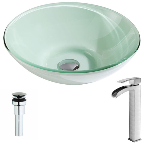 LSAZ083-097B - ANZZI Sonata Series Deco-Glass Vessel Sink in Lustrous Light Green with Key Faucet in Brushed Nickel