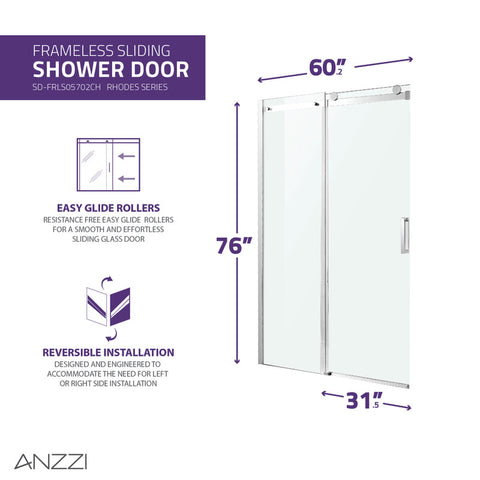 ANZZI Rhodes Series 60 in. x 76 in. Frameless Sliding Shower Door with Handle