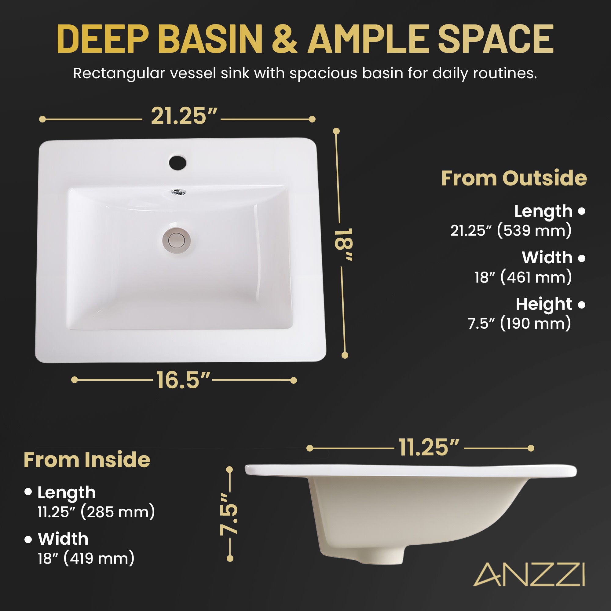 LS-AZ927 - ANZZI Jack Series 21 in. Rectangular Ceramic Drop-In