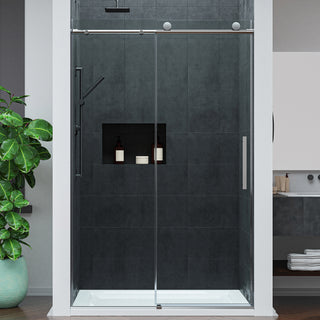 Mountain 48 in Reversible Frameless Sliding Glass Shower Door with Soft-Close System - Multiple Finishes