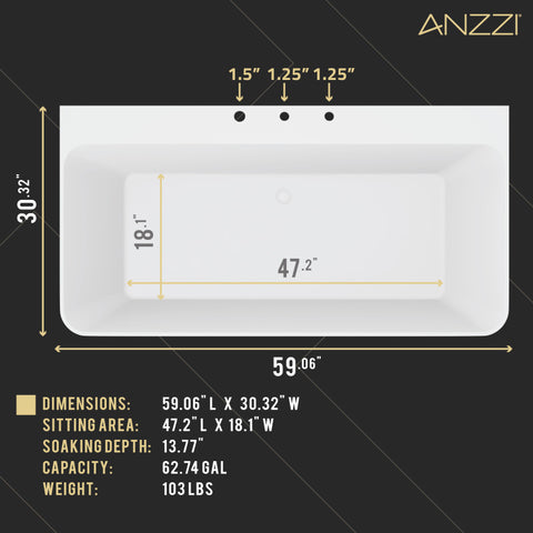 ANZZI VAULT 59 in. Acrylic Flatbottom Freestanding Bathtub in White with Pre-Drilled Deck Mount