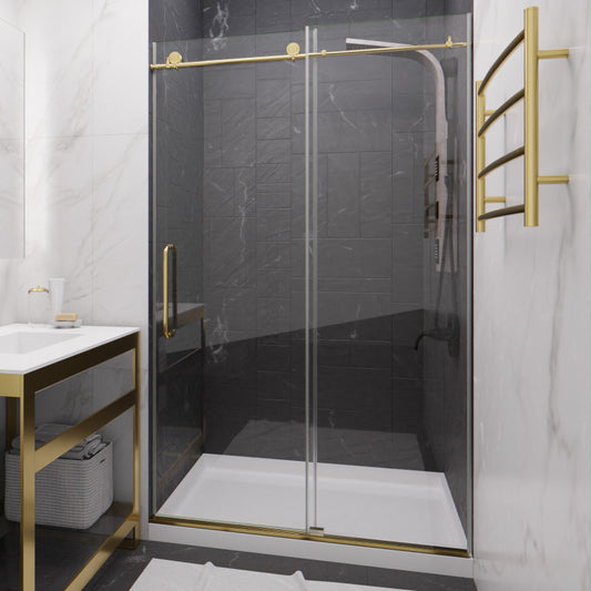 SD-AZ8077-01BG - ANZZI Leon Series 48 in. x 76 in. H Sliding Frameless Shower Door in Brushed Gold  with Tsunami Guard Tempered Glass