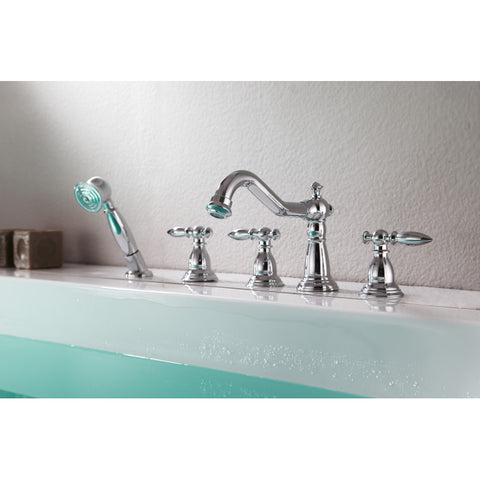 FR-AZ091CH - ANZZI Patriarch 2-Handle Deck-Mount Roman Tub Faucet with Handheld Sprayer in Polished Chrome