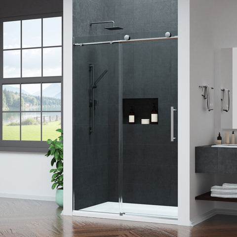 Mountain 48 in Reversible Frameless Sliding Deco-Glass Shower Door with Soft-Close System and Brushed Nickel Finish