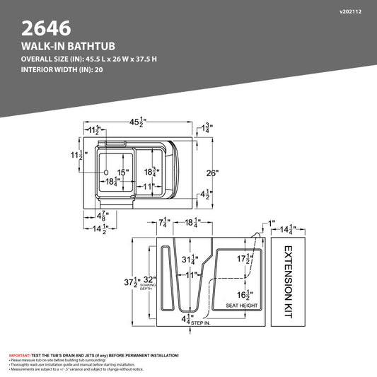 26 in. x 46 in. Left Drain Quick Fill Walk-In Soaking Tub in White