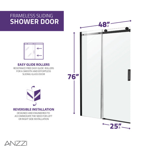 48 in. x 76 in. Frameless Sliding Shower Door with Handle in Matte Black