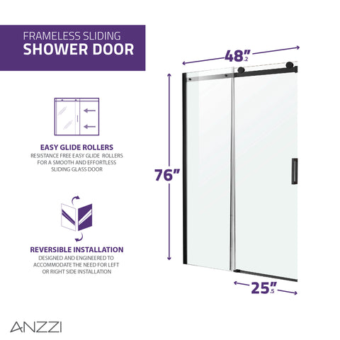 ANZZI Rhodes Series 48 in. x 76 in. Frameless Sliding Shower Door with Handle