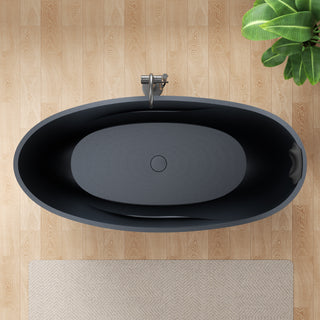 67 in. x 32 in. Freestanding Oval Stone Resin Flat-Bottom Bathtub in Black with Center Drain & Headrest