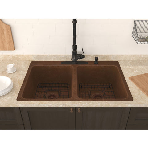 ANZZI Elen Drop-in Handmade Copper 33 in. 4-Hole 50/50 Double Bowl Kitchen Sink in Hammered Antique Copper