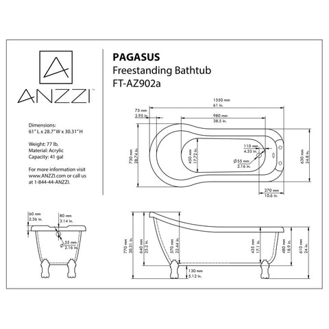 Pegasus 5 ft. Claw Foot One Piece Acrylic Freestanding Soaking Bathtub in Glossy White