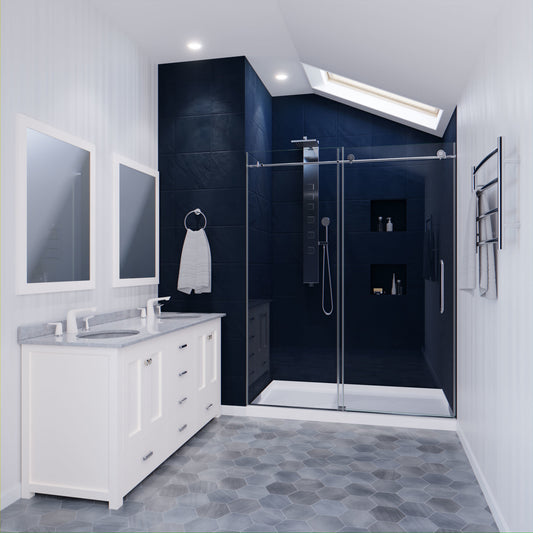 60 in. by 76 in. Frameless Sliding Shower Door in Brushed Nickel with Handle