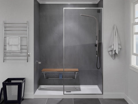 Two Person 35 in. Teak Wood Wall Mounted Folder Shower Seat in Chrome Trim