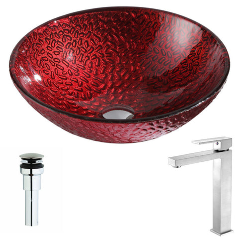 LSAZ080-096B - ANZZI Rhythm Series Deco-Glass Vessel Sink in Lustrous Red with Enti Faucet in Brushed Nickel