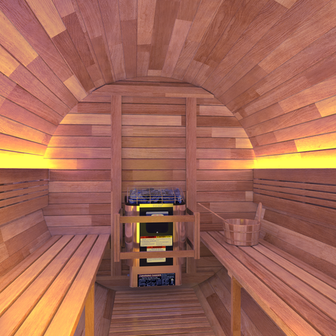 4-6-Person Outdoor Barrel Wet Sauna in White Cedar with ETL-Certified 6.2kW Sauna Rock Heater, and Bitumen Shingle Roof