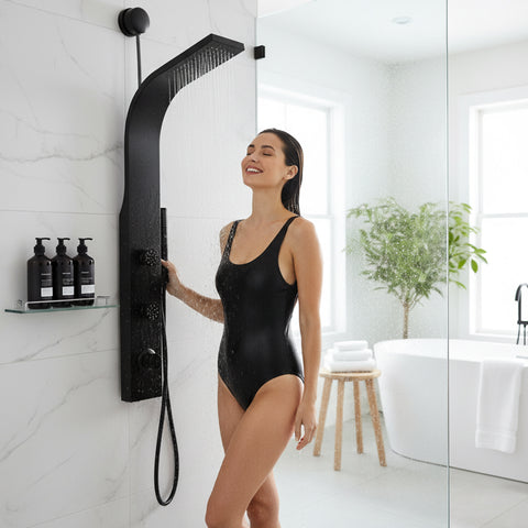 Cici Series 39 in. 2-Jetted Shower Tower with Heavy Rain Showerhead and Spray Wand, Shower System in Matte Black