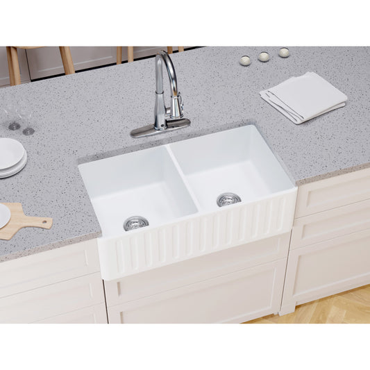 K-AZ227-2B - ANZZI Roine Farmhouse Reversible Apron Front Solid Surface 33 in. 50/50 Basin Kitchen Sink in White