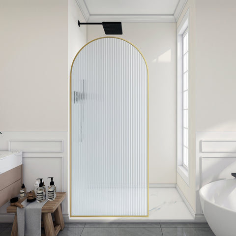 Ember Series 78 in. x 34 in. Framed Arch Fixed Shower Screen Door in Brushed Gold with 8mm Tempered Fluted Glass