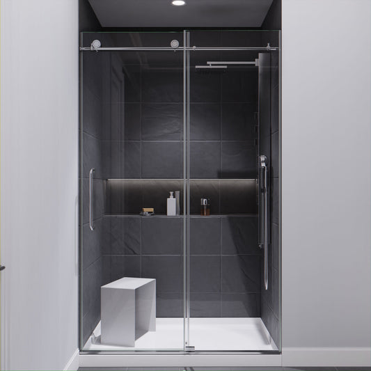 48 in. by 76 in. Frameless Sliding Shower Door in Chrome with Handle