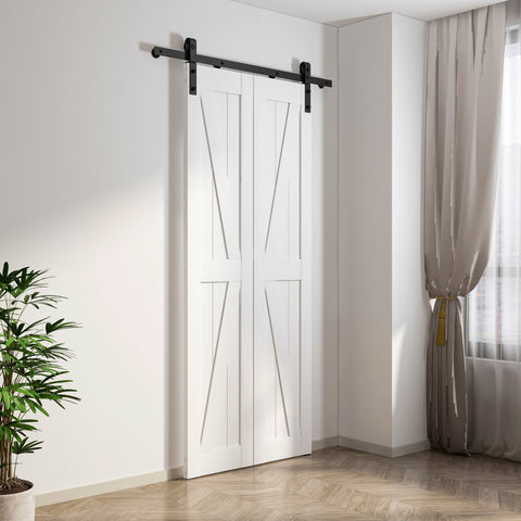 ID-AZBD04 - ANZZI ANZZI Heavy Duty Sturdy Sliding Barn Door - 18x84'' White Bi-folding Double Wood Barn Doors - Solid Core MDF + PVC - Knockdown Design - Barn Door with Hardware Kit- Space-Saving Solution