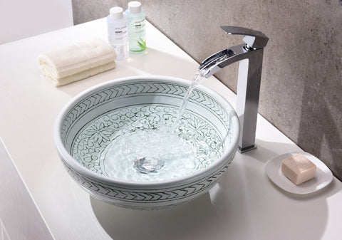 Cadence Series 16 in. Round Bathroom Vessel Sink with Stain-Resistant Non-Porous Surface in Decor White Finish Glass