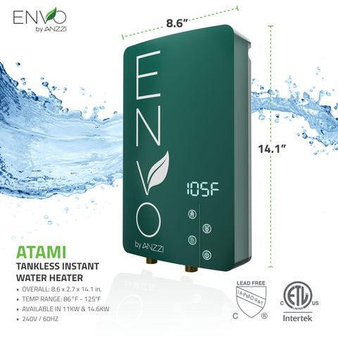 ENVO Arima High-Capacity Tankless Electric Water Heater (11 kW / 14.6 kW), Endless Hot Water, Advanced Safety Features, Space & Energy Saving