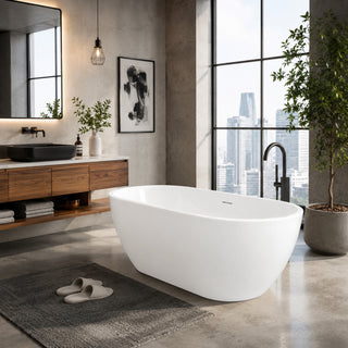 ANZZI Mone Series 67" L Freestanding Soaker Tub with Elegant Contemporary Design, Durable Acrylic Construction, and Built-in Overflow, Glossy White