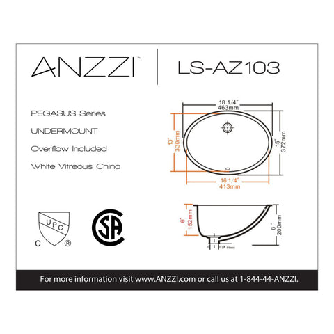 ANZZI Pegasus Series 18.25 in. Ceramic Undermount Sink Basin in White