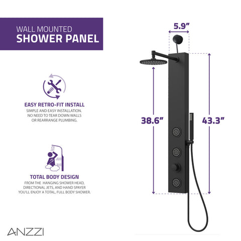 SP-AZ080MB - ANZZI Beverly 3-Jetted Shower Panel with Heavy Rain Shower and Body Jets and Body Jets and Spray Wand in Matte Black