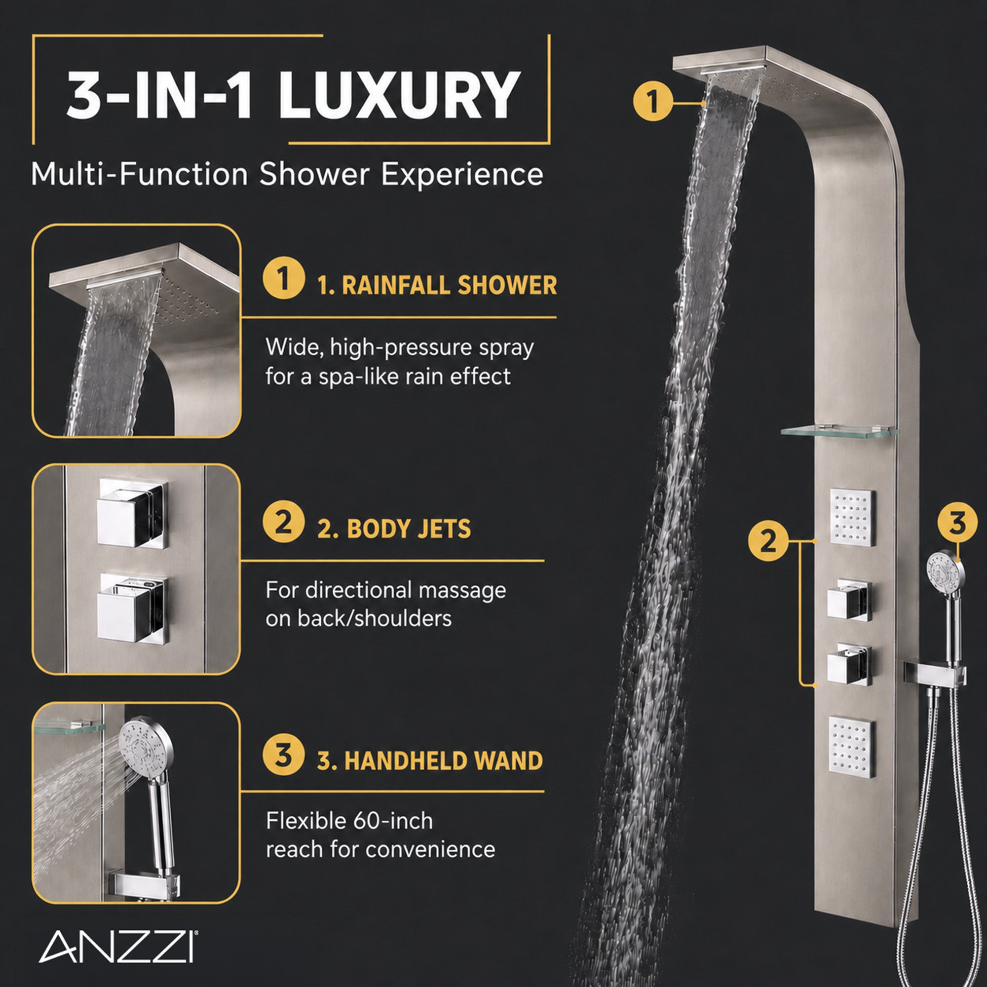 SP-AZ023 - ANZZI Niagara 64 in. 2-Jetted Full Body Shower Panel
