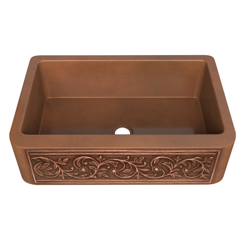 ANZZI Tripolis Farmhouse Handmade Copper 33 in. 0-Hole Single Bowl Kitchen Sink with Floral Design Panel in Polished Antique Copper