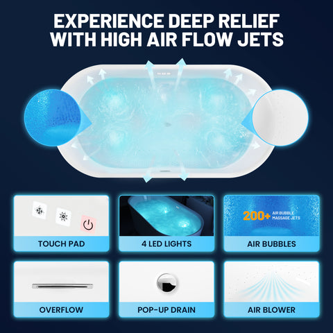 Jericho Series 67 in. x 32 in. Flat Bottom Acrylic Freestanding Air Jetted Bathtub with Center Drain in Glossy White