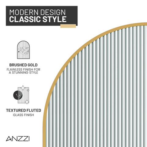 Ember Series 78 in. x 34 in. Framed Arch Fixed Shower Screen Door in Brushed Gold with 8mm Tempered Fluted Glass