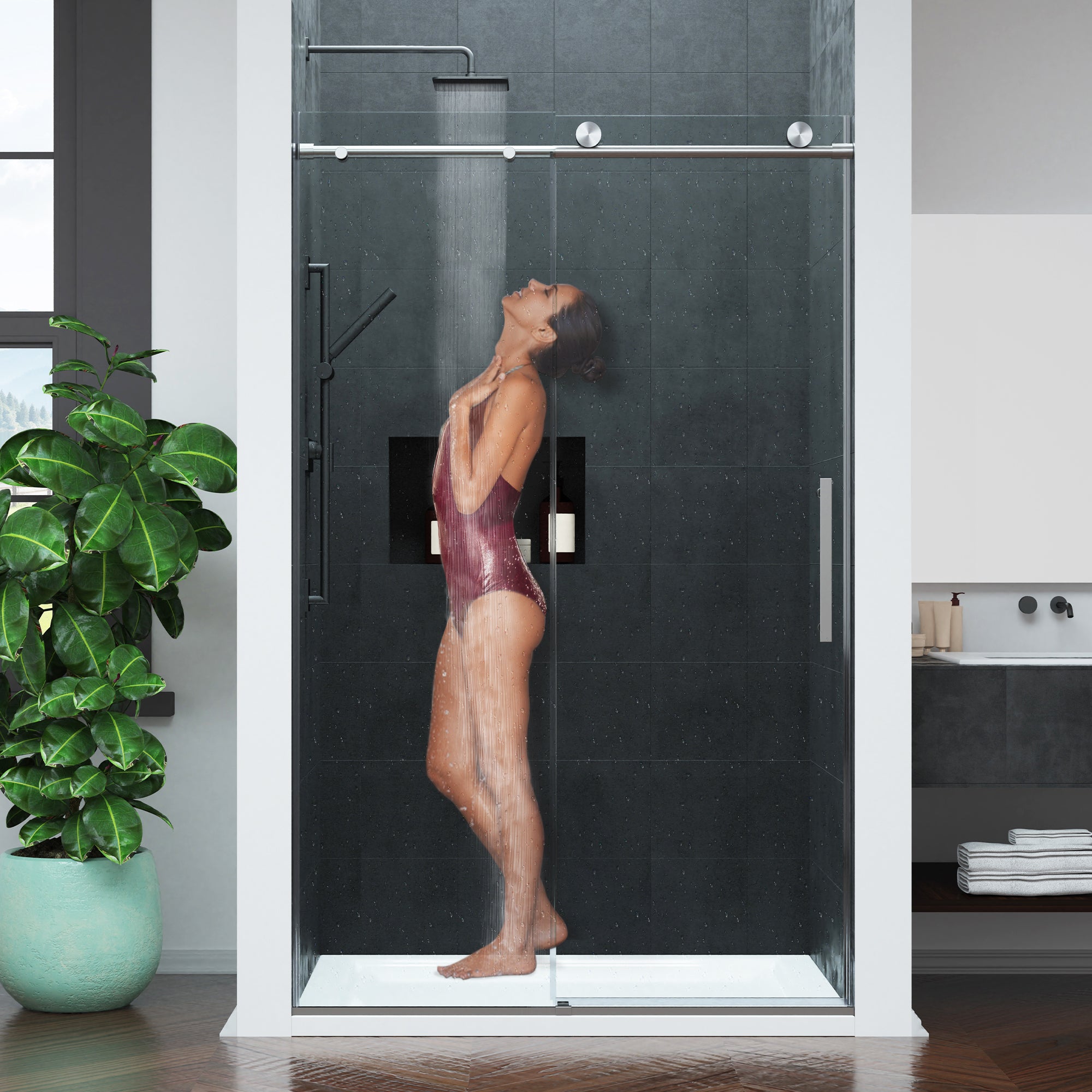 SD-AZ20-01BN - ANZZI Mountain 48 in Reversible Frameless Sliding