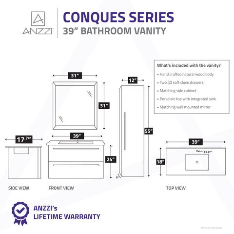 Conques 39 in. W x 20 in. H Bathroom Vanity Set in Rich White