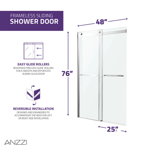 48 in. x 76 in. Frameless Sliding Shower Door with Horizontal Handle in Chrome